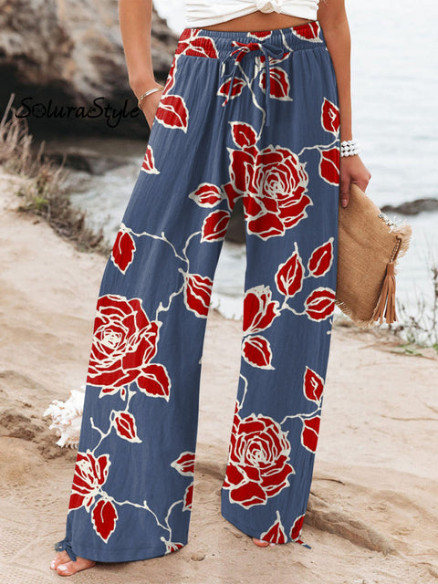 Women’s Floral Art Printed Cotton And Linen Casual Pants Multicolor / S