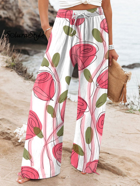 Women’s Floral Art Printed Cotton And Linen Casual Pants Multicolor / S