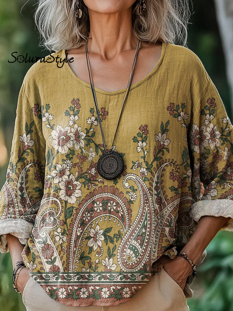 Women’s Floral Paisley Art Print Casual Cotton And Linen Shirt Multicolor / S