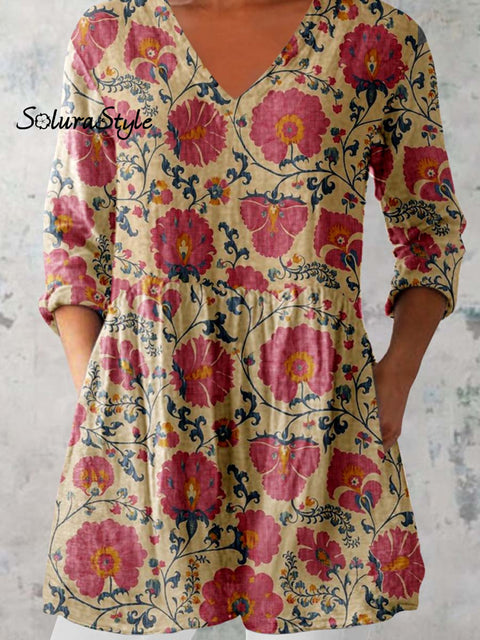 Women’s Floral Pattern Cotton And Linen V-neck Top