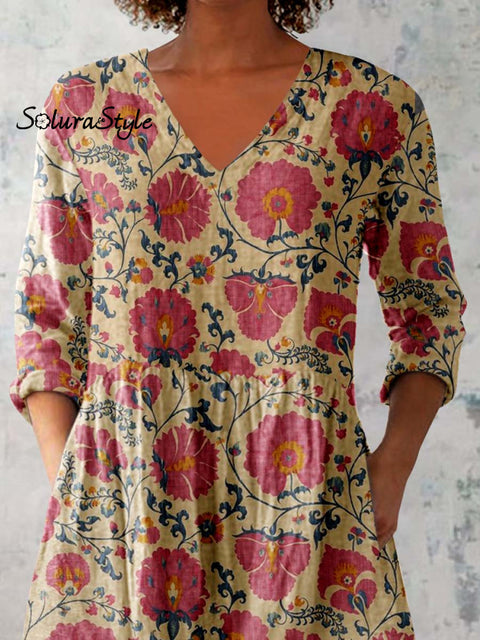 Women’s Floral Pattern Cotton And Linen V-neck Top