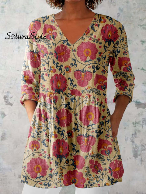 Women’s Floral Pattern Cotton And Linen V-neck Top Khaki / S