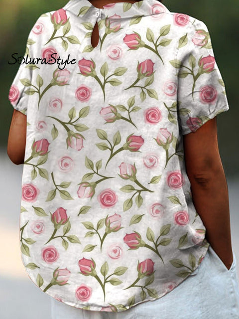 Women’s Floral Print Casual Cotton And Linen Shirt