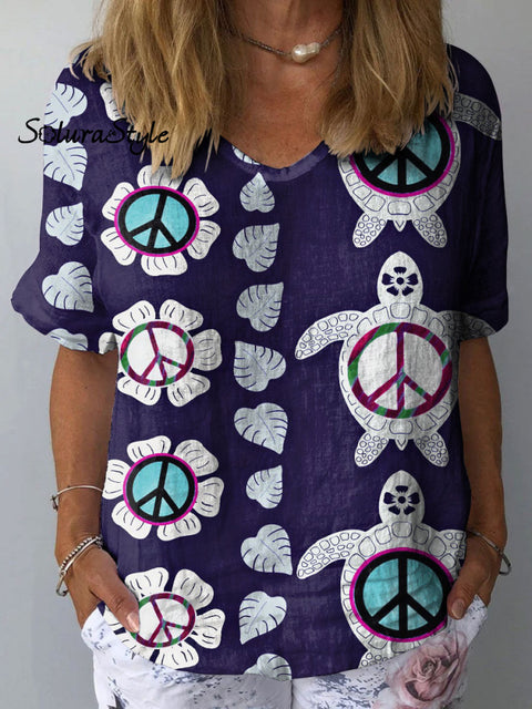 Women’s Floral Turtle Art Print Casual Cotton And Linen Shirt Multicolor / S