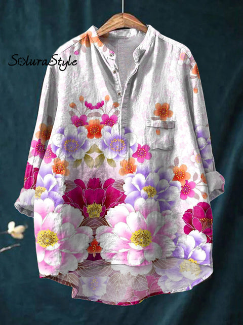 Women’s Florals Art Print Casual Long Sleeve Comfortable Cotton Shirt Multicolor / S