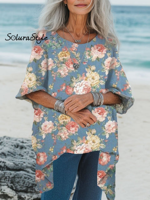 Women’s Florals Art Print Pocket Cotton Top Multicolor / Onesize