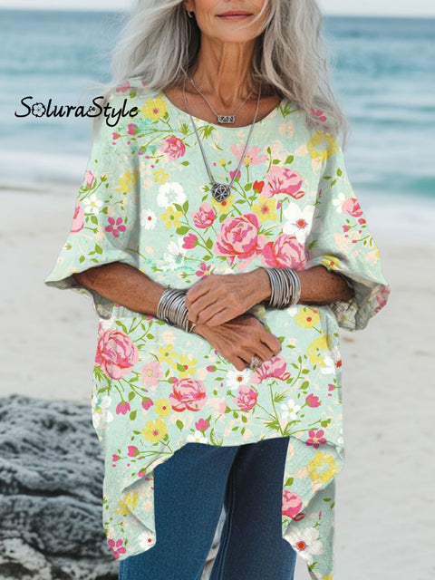 Women’s Florals Art Print Pocket Cotton Top Multicolor / Onesize