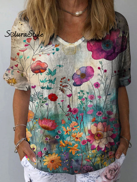 Women’s Flower Art Print Casual Cotton And Linen Shirt Multicolor / S