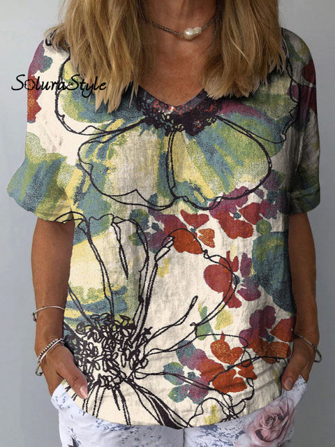 Women’s Flower Art Print Casual Cotton And Linen Shirt Multicolor / S