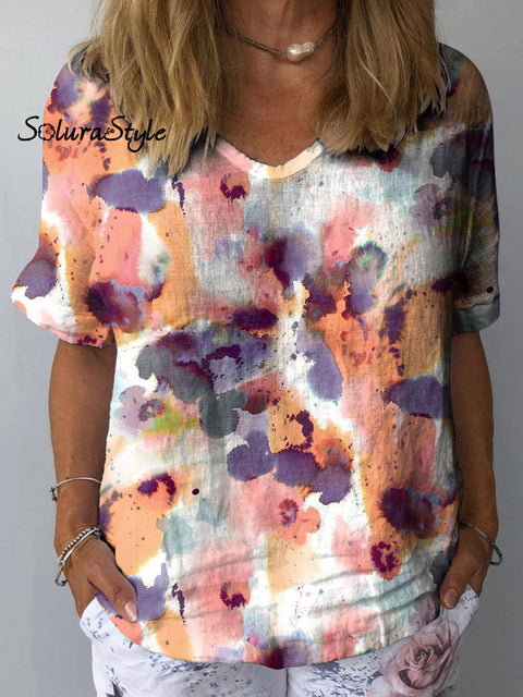 Women’s Flower Art Print Casual Cotton And Linen Shirt Multicolor / S