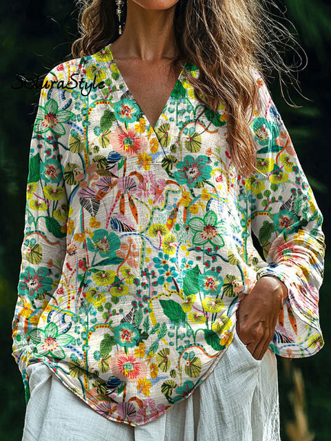 Women’s Flower Art Print Casual Cotton And Linen V-Neck Shirt Multicolor / S