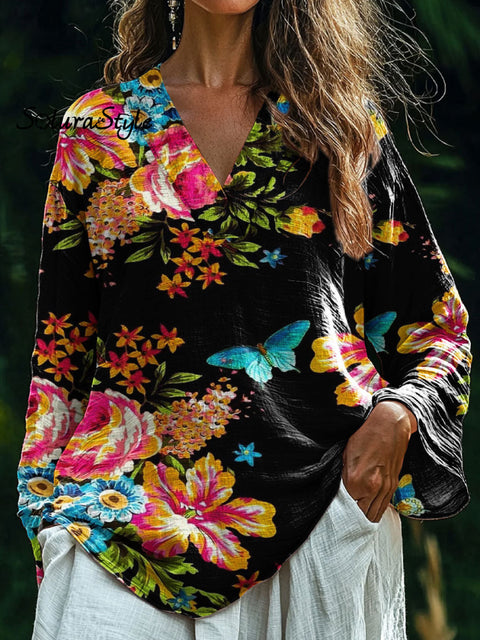 Women’s Flower Art Print Casual Cotton And Linen V-Neck Shirt Multicolor / S