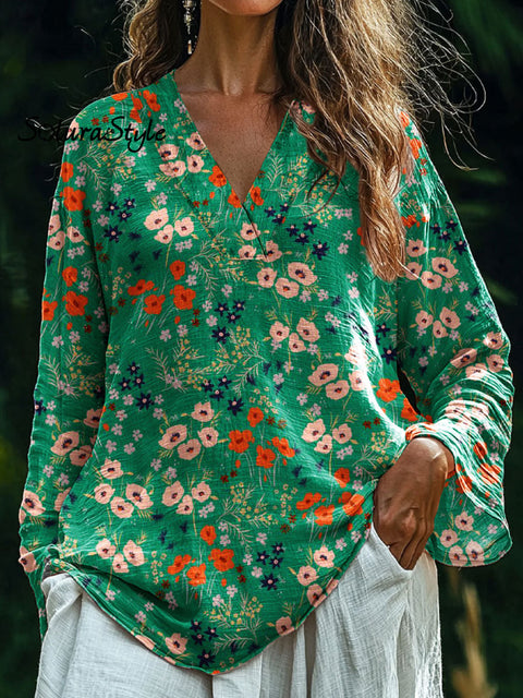 Women’s Flower Art Print Casual Cotton And Linen V-Neck Shirt Multicolor / S