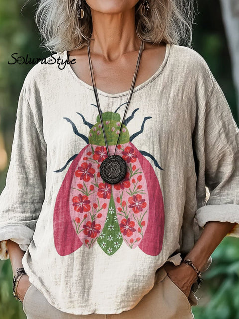 Women’s Flower Bug Art Print Casual Cotton And Linen Shirt Multicolor / S