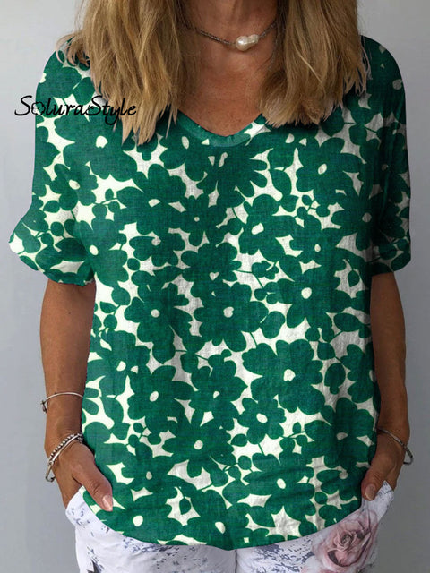 Women’s Flower Pure Green Art Print Casual Cotton And Linen Shirt Multicolor / S