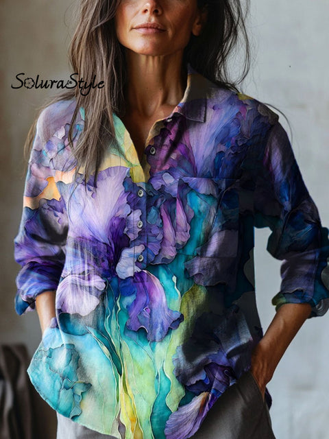 Women’s Flowers Art Print Casual Cotton And Linen Shirt Multicolor / S