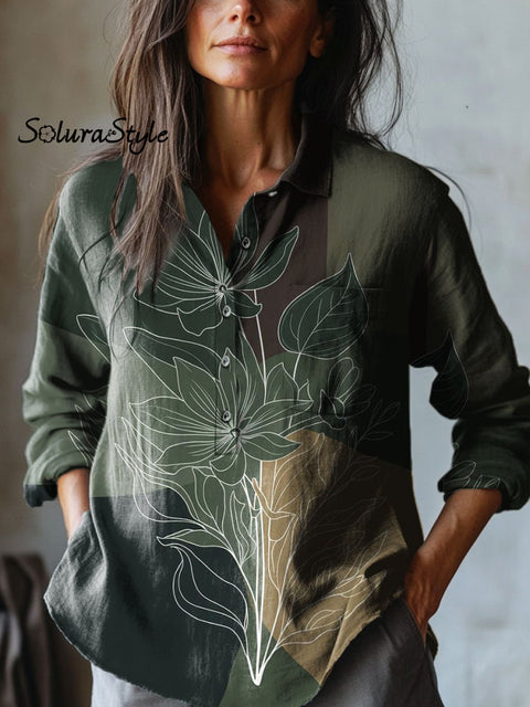 Women’s Flowers Art Print Casual Cotton And Linen Shirt Multicolor / S
