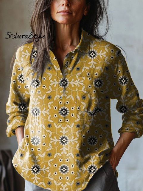 Women’s Flowers Art Print Casual Cotton And Linen Shirt Multicolor / S