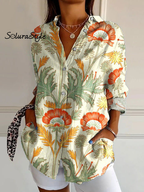 Women’s Flowers Art Print Casual Cotton Shirt Multicolor / S