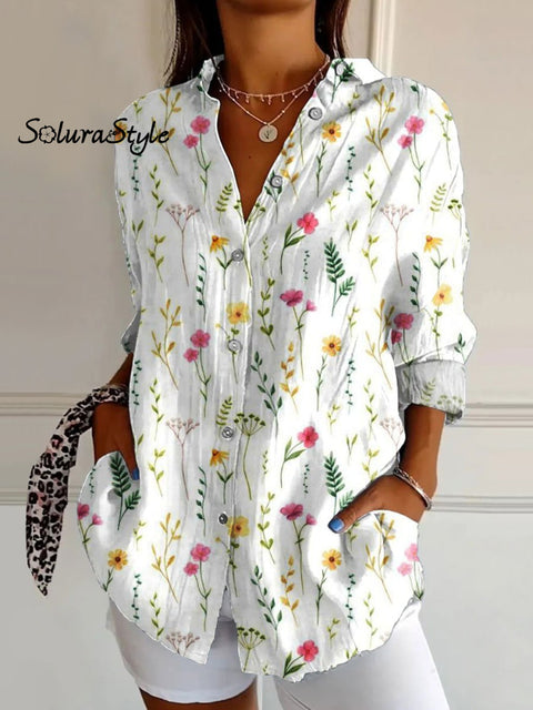 Women’s Flowers Art Print Casual Cotton Shirt Multicolor / S