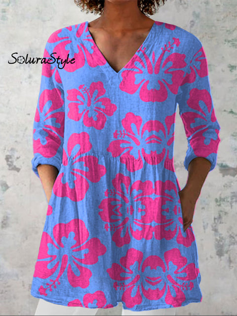 Women’s Flowers Art Print Casual Linen V-neck Shirt Multicolor / S