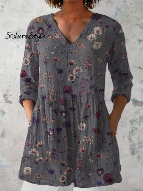Women’s Flowers Art Print Casual Linen V-neck Shirt Multicolor / S