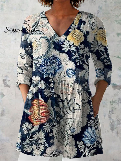 Women’s Flowers Art Print Casual Linen V-neck Shirt Multicolor / S