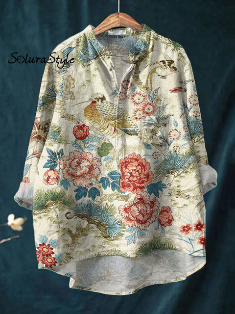 Women’s Flowers Art Print Casual Long Sleeve Comfortable Cotton Shirt Multicolor / S