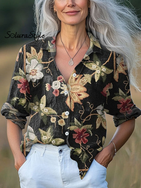 Women’s Flowers Art Print Casual Long Sleeve Comfortable Cotton Shirt Multicolor / S