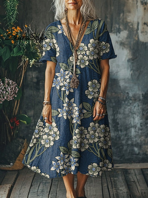 Women’s Flowers Art Print Pocket Cotton Dress Multicolor / S