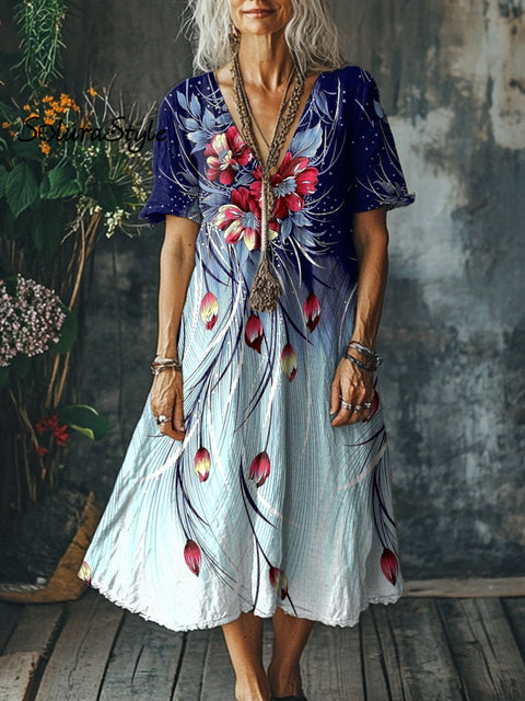 Women’s Flowers Art Print Pocket Cotton Dress Multicolor / S