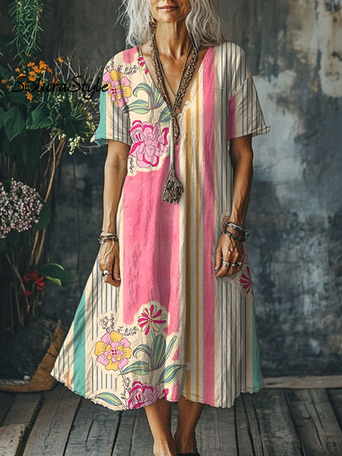 Women’s Flowers Art Print Pocket Cotton Dress Multicolor / S