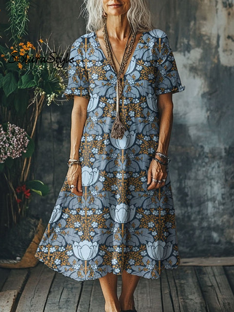 Women’s Flowers Art Print Pocket Cotton Dress Multicolor / S