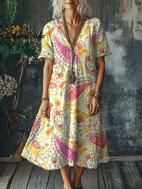 Women’s Flowers Art Print Pocket Cotton Dress Multicolor / S