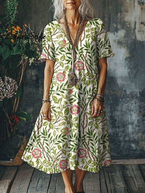 Women’s Flowers Art Print Pocket Cotton Dress Multicolor / S