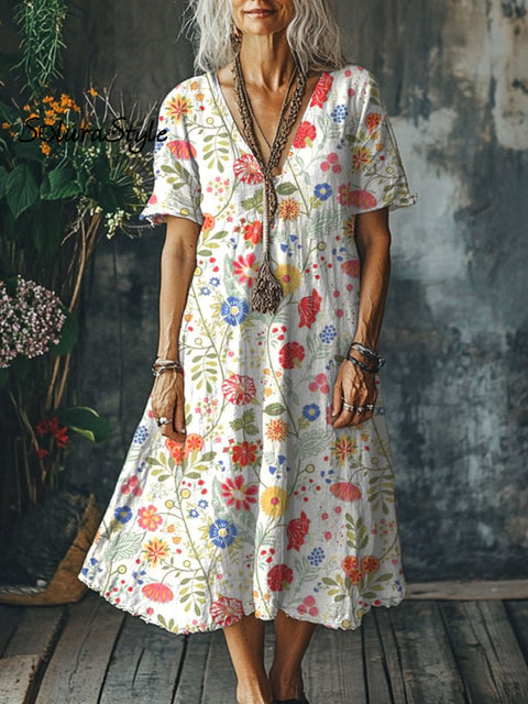 Women’s Flowers Art Print Pocket Cotton Dress Multicolor / S