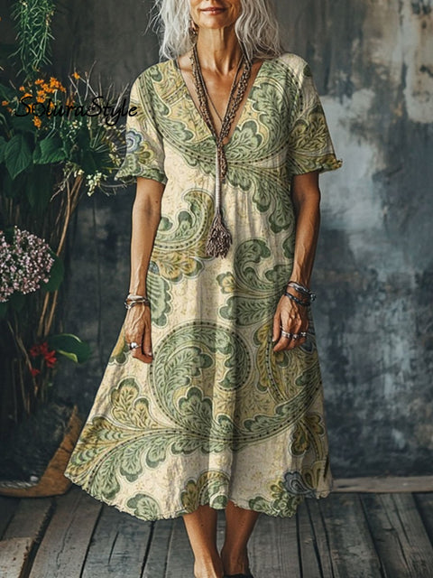 Women’s Flowers Art Print Pocket Cotton Dress Multicolor / S