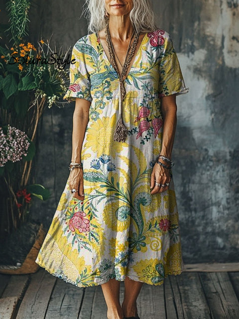 Women’s Flowers Art Print Pocket Cotton Dress Multicolor / S