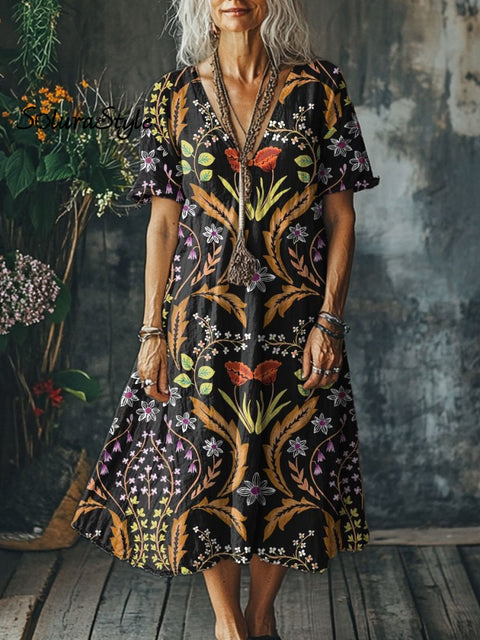 Women’s Flowers Art Print Pocket Cotton Dress Multicolor / S