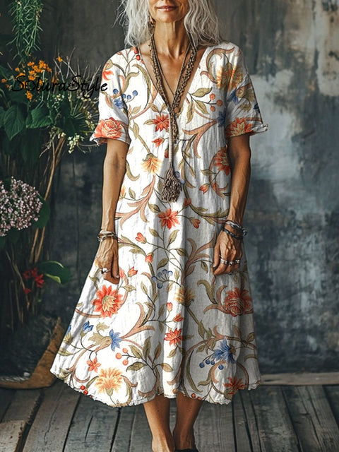 Women’s Flowers Art Print Pocket Cotton Dress Multicolor / S
