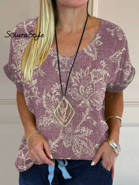 Women’s Flowers Print Casual Cotton And Linen Shirt Multicolor / S