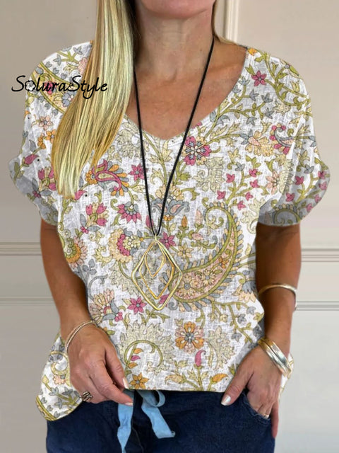 Women’s Flowers Print Casual Cotton And Linen Shirt Multicolor / S