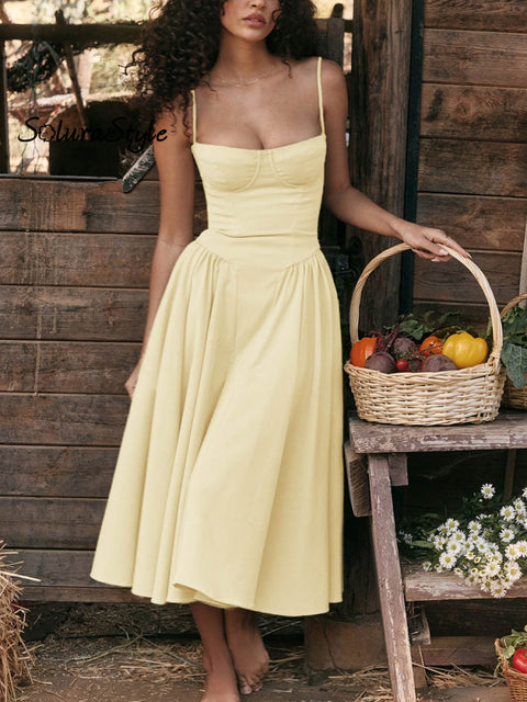 Women’s French Retro Palace Style Elegant Long Dress Yellow / S