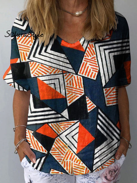 Women’s Geometric Abstract Art Print Casual Cotton And Linen Shirt Multicolor / S