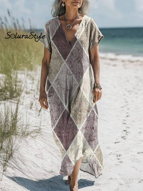 Women’s Geometric Pattern Art Print Pocket Cotton Dress Multicolor / S