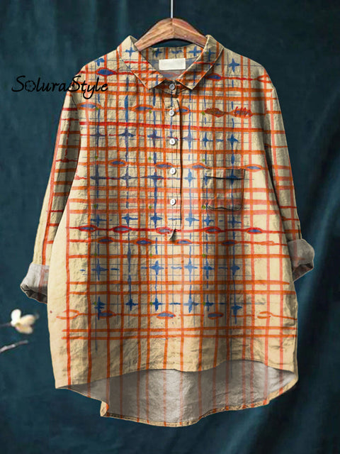 Women’s Grid Art Print Casual Cotton And Linen Shirt Multicolor / S