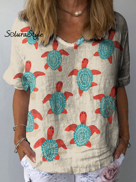 Women’s Group Of Baby Turtles Art Print Casual Cotton And Linen Shirt Multicolor / S