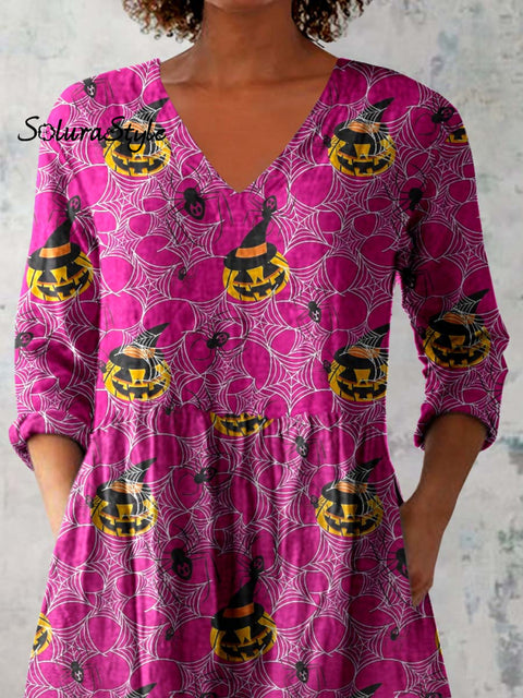 Women’s Halloween Ghost Pattern Print V-Neck Cotton and Linen Top