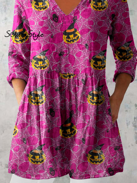 Women’s Halloween Ghost Pattern Print V-Neck Cotton and Linen Top