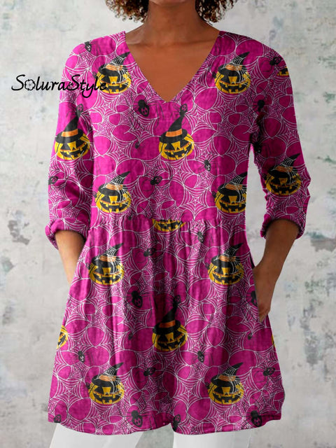 Women’s Halloween Ghost Pattern Print V-Neck Cotton and Linen Top Rose Red / S